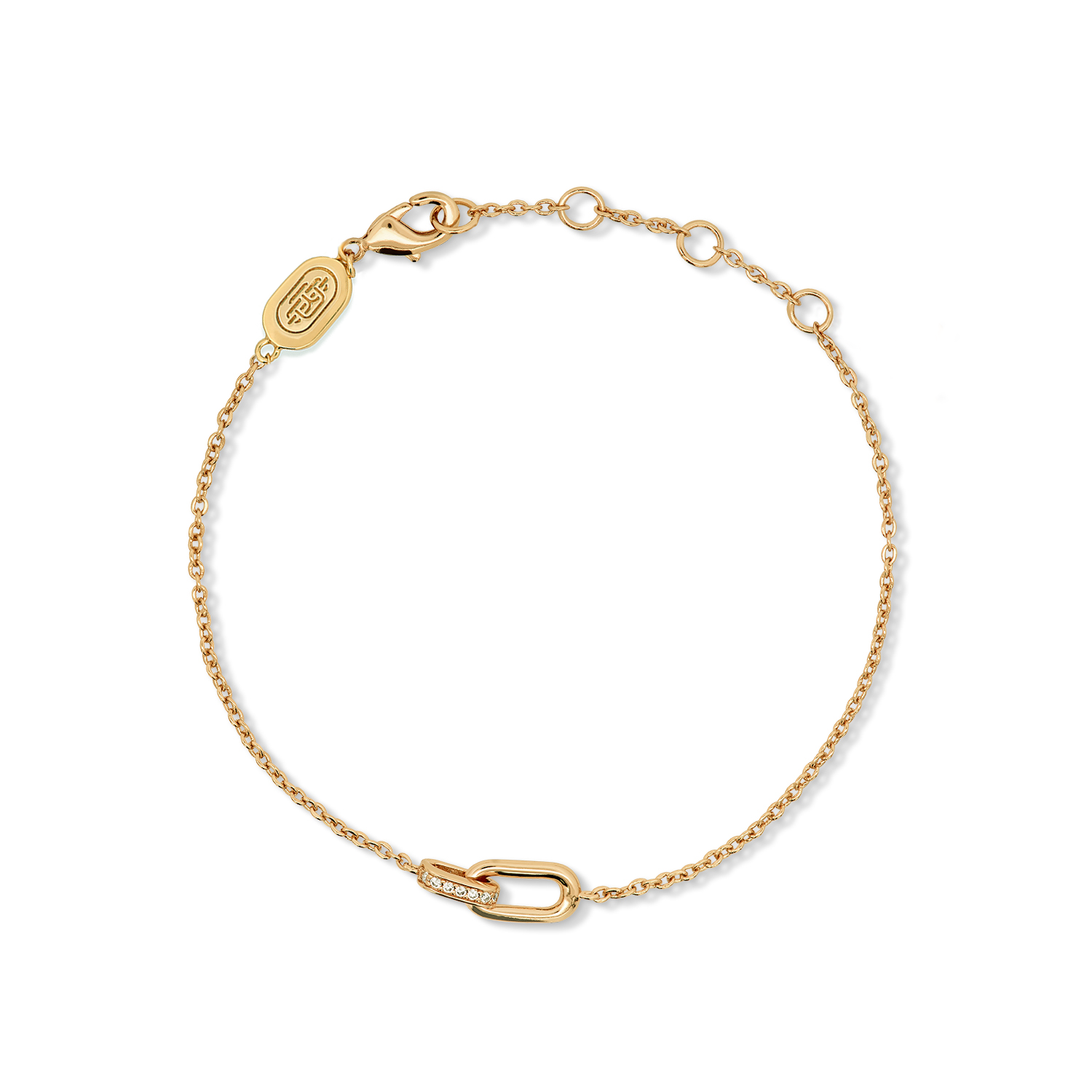 A gold-plated bracelet with cubic zirconia stones, featuring a chain link design.