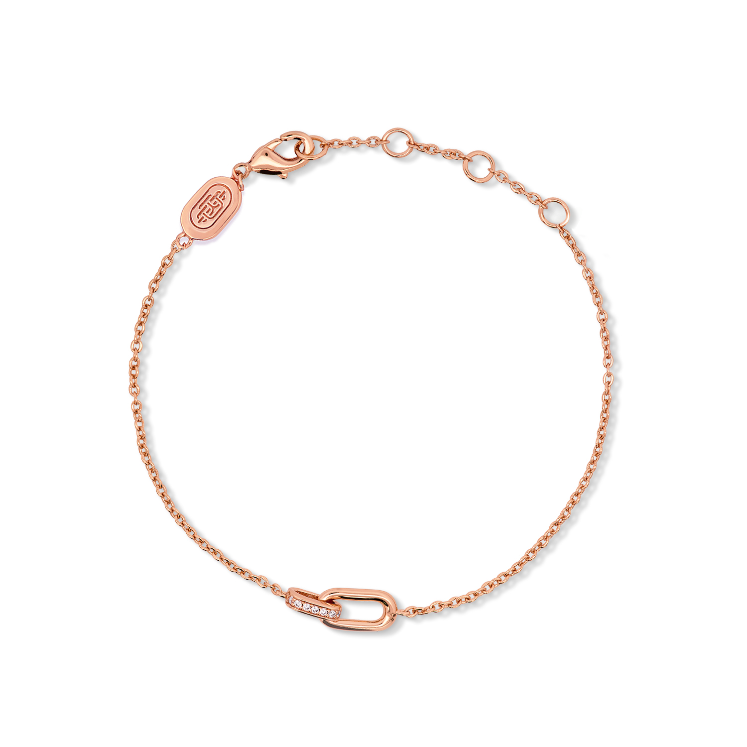 A rose gold bracelet with small cubic zirconia stones, featuring a chain link design.