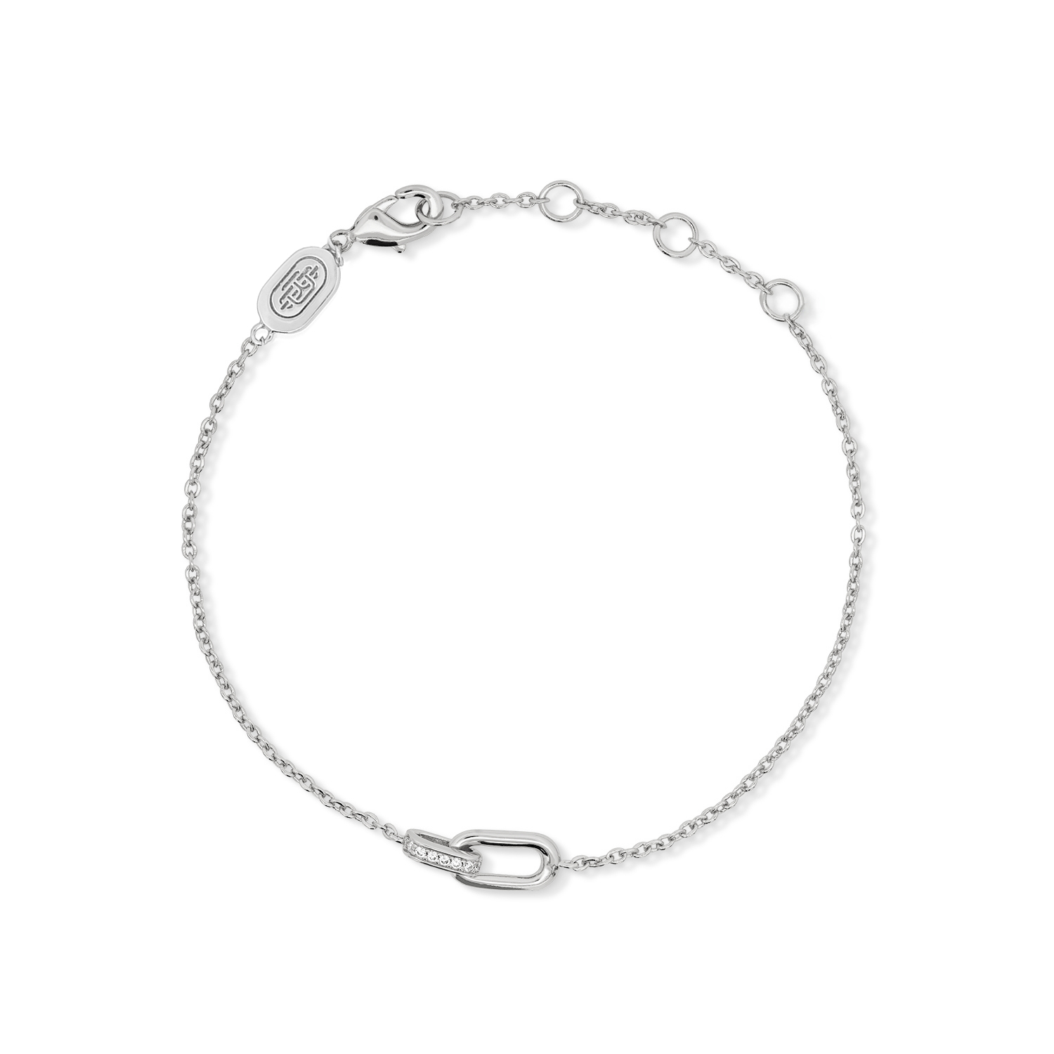 A silver bracelet with cubic zirconia stones on a chain, featuring additional clips at various lengths.