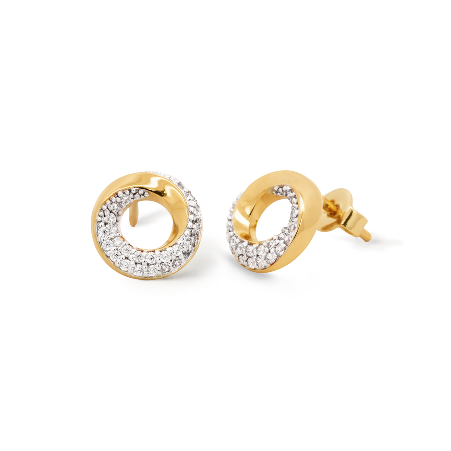 Elegant yet bold earrings. Gold round ear studs with cubic zirconia stones.