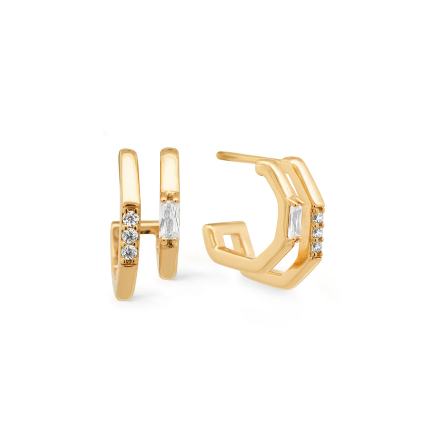 Elegant and classy studs. Gold double huggies set with cubic zirconia stones.