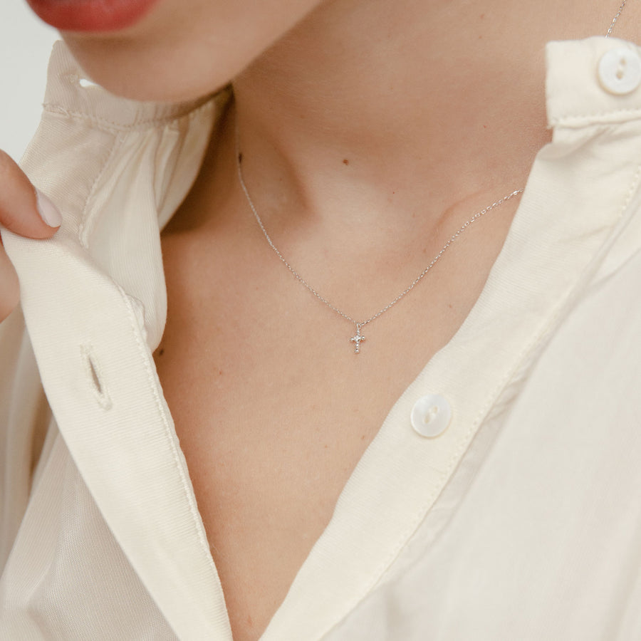 14k White Gold Diamond Dot Cross Necklace