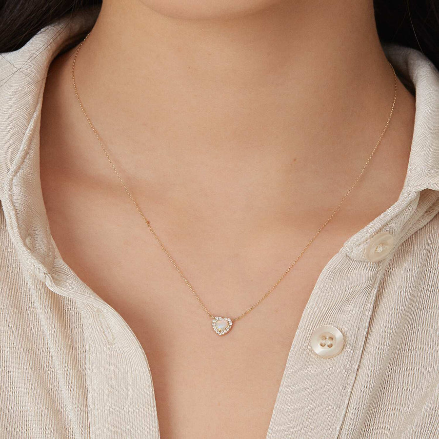 14k Gold Heart White Topaz Opal Necklace
