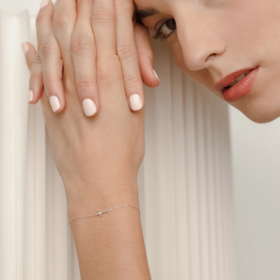 14k White Gold Diamond Dot Cross Bracelet