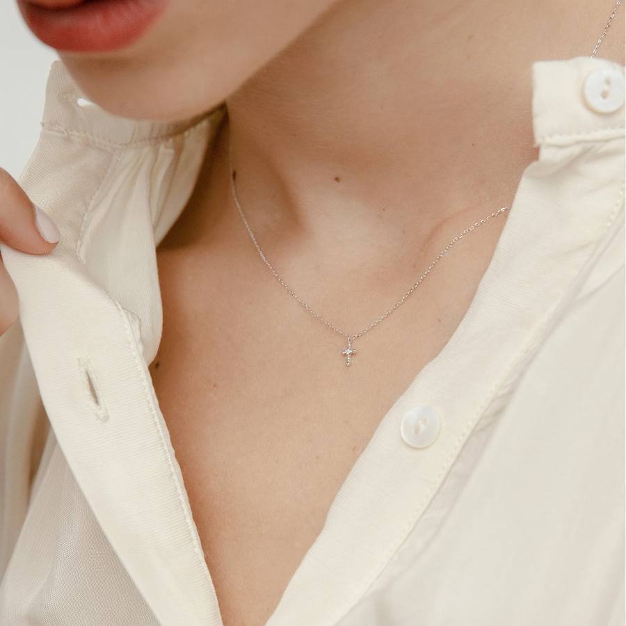 14k White Gold Diamond Dot Cross Necklace
