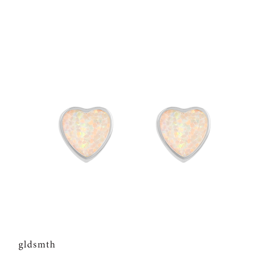 14k White Gold Heart Opal Studs
