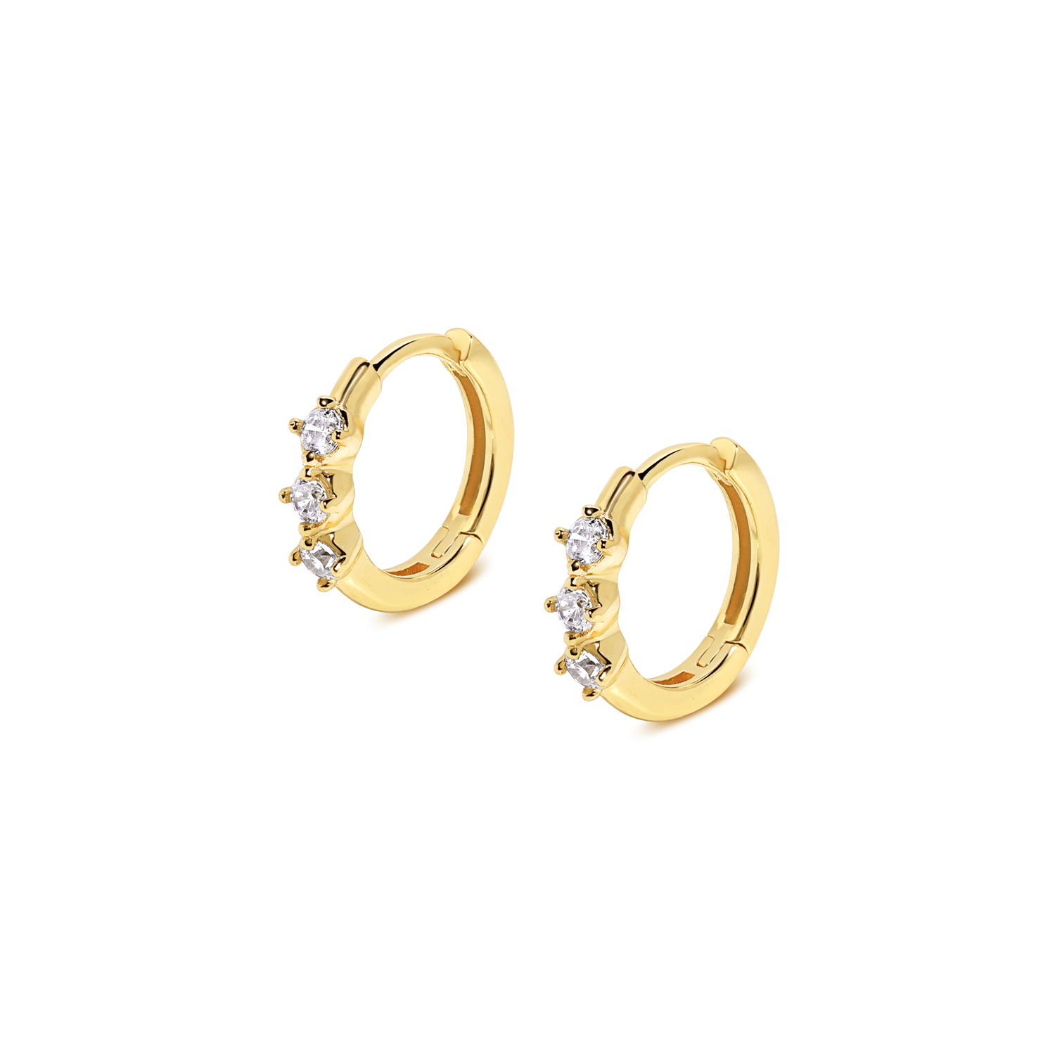 Luxurious and elegant earrings. Gold huggies with cubic zirconia