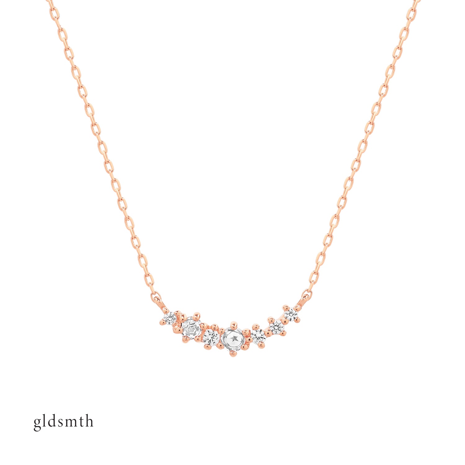 Luxurious and fine necklace. Handcrafted 14k solid rose gold necklace with white sapphires