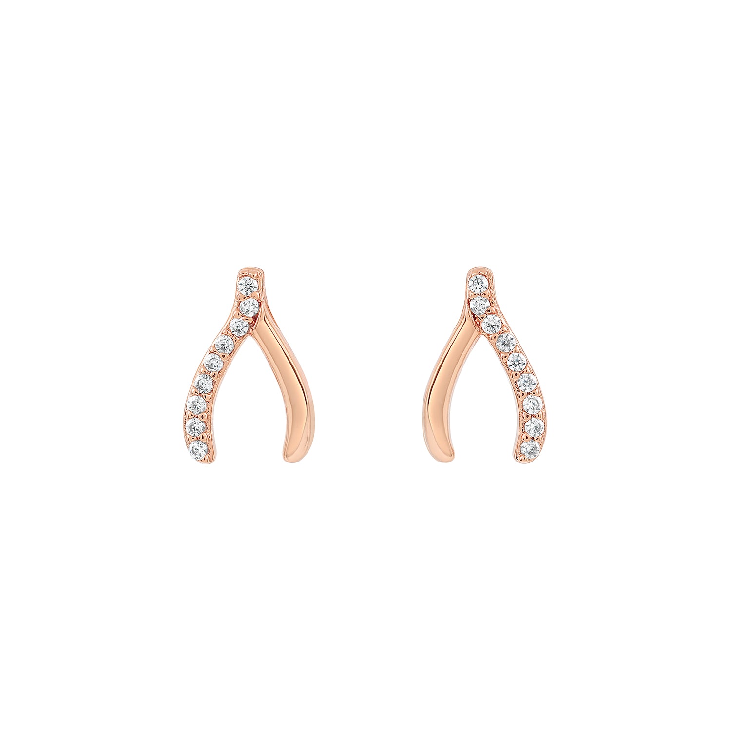 Elegant and statement earrings. Rose gold wishbone studs set with cubic zirconia stones.