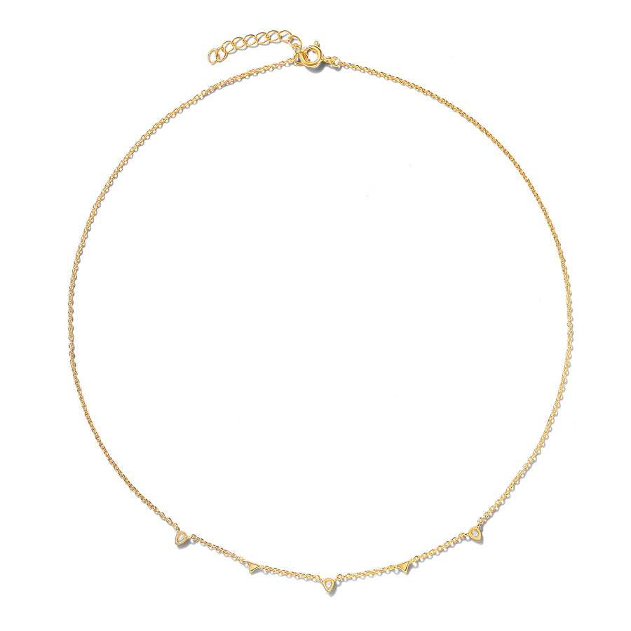 Elegant and minimalist gold necklace set with raindrop cubic zirconia stones and dainty petite triangles.