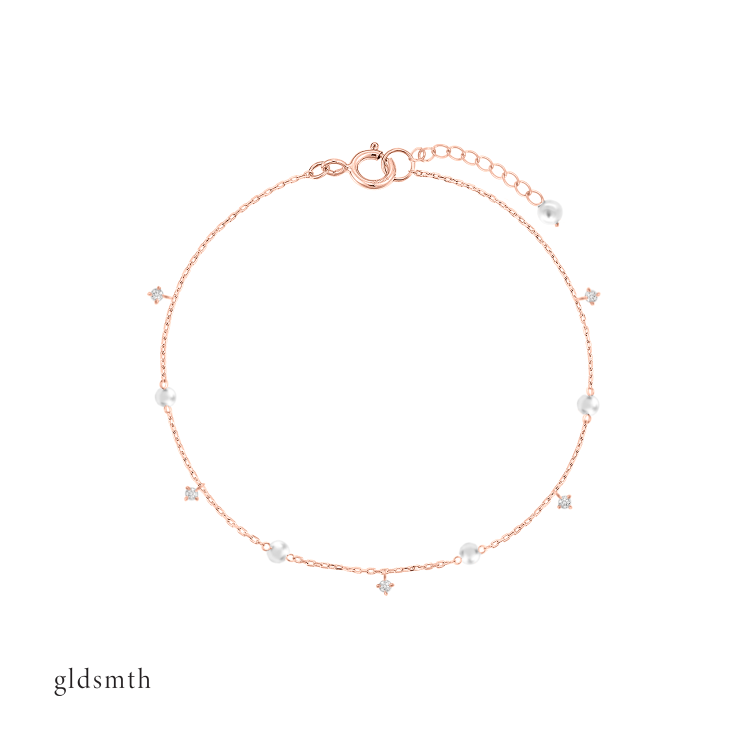 Timeless and elegant hand crafted 10k solid rose gold bracelet with freshwater pearls and conflict-free diamonds.