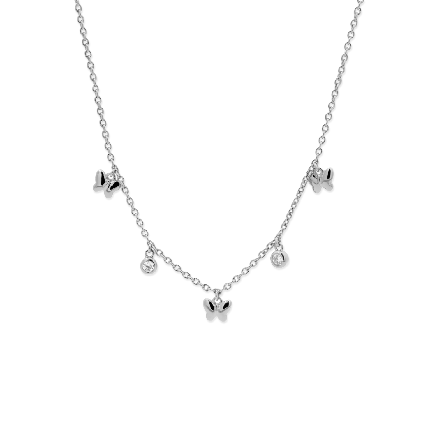 Elegant and dainty necklace. 925 silver bracelet with butterfly motifs and set with cubic zirconia stones.