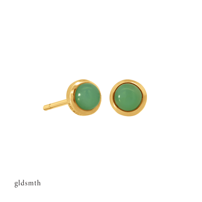 Fine and dainty studs. Solid yellow gold earrings set with chrysoprase gemstones