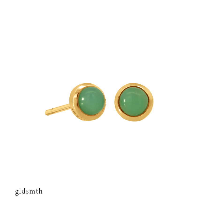 Fine and dainty studs. Solid yellow gold earrings set with chrysoprase gemstones