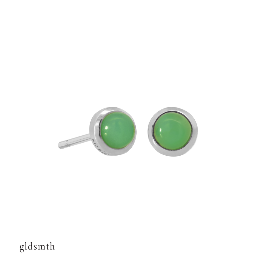 Fine and dainty studs. Solid white gold earrings set with chrysoprase gemstones