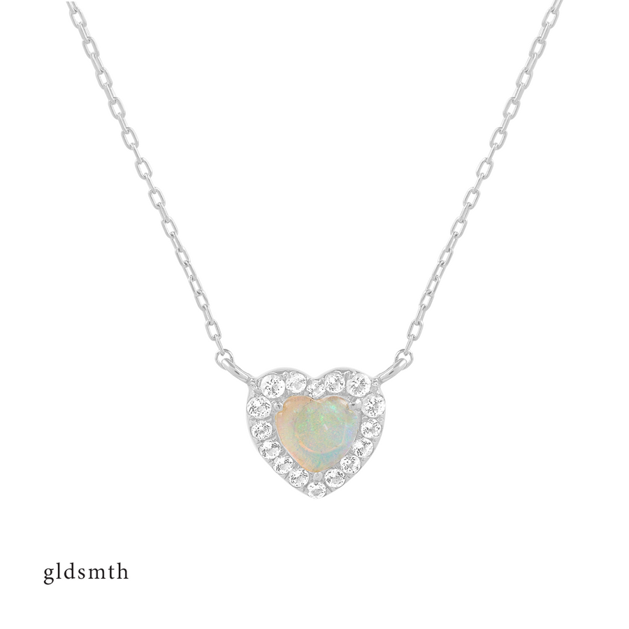 14k White Gold Heart White Topaz Opal Necklace