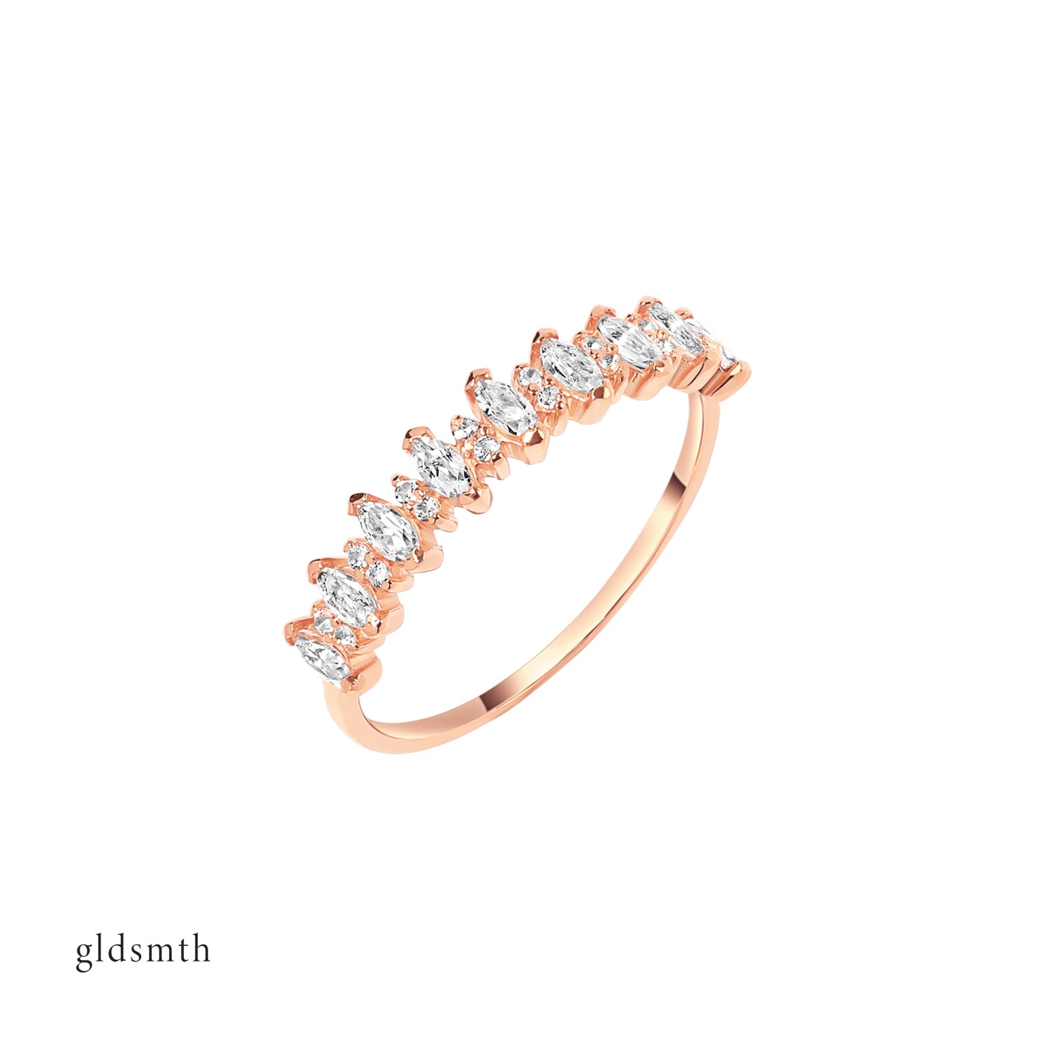 Elegant and statement ring. Handcrafted 14k solid rose gold ring with white topazes