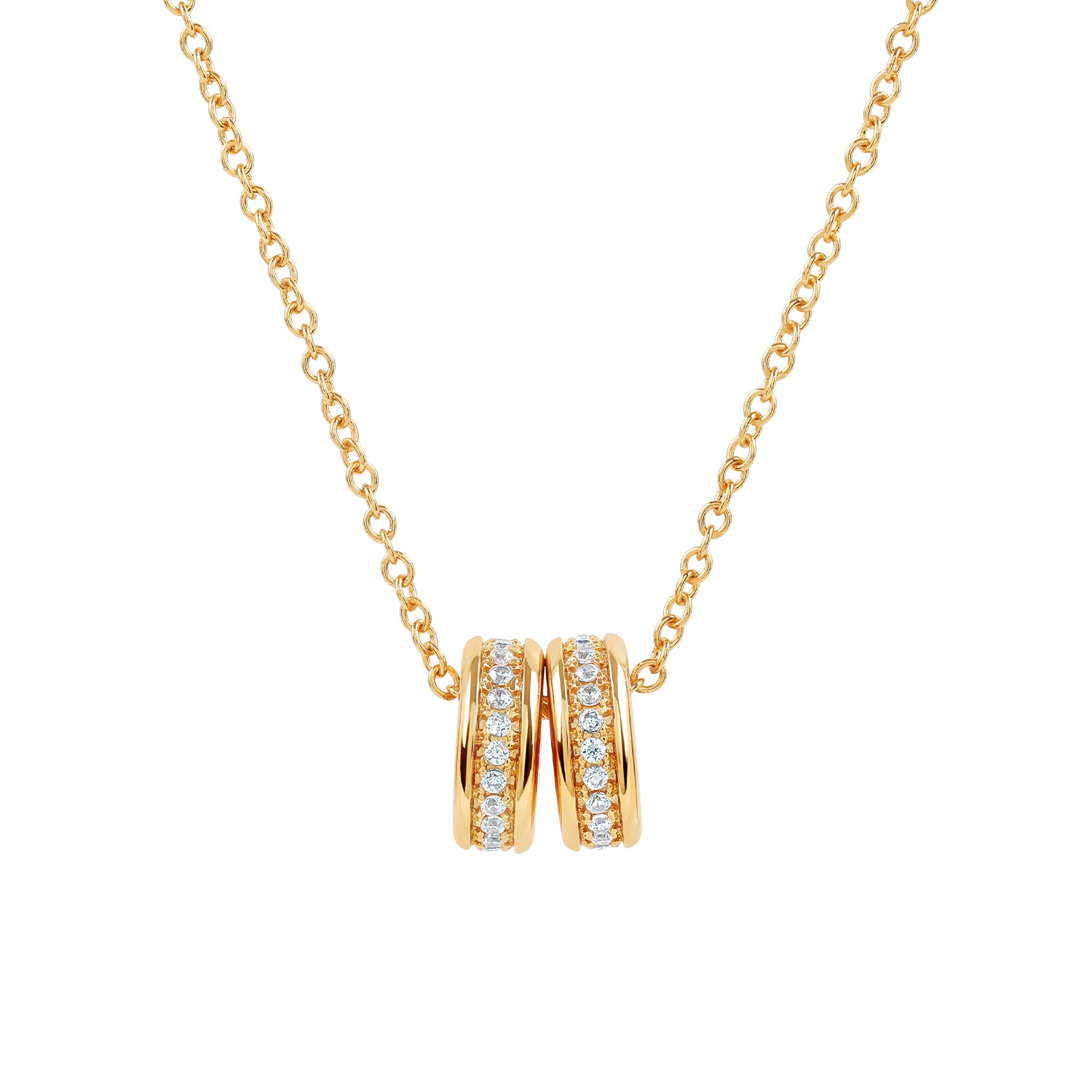 Elegant and minimalist gold pendant necklace set with cubic zirconia stones.