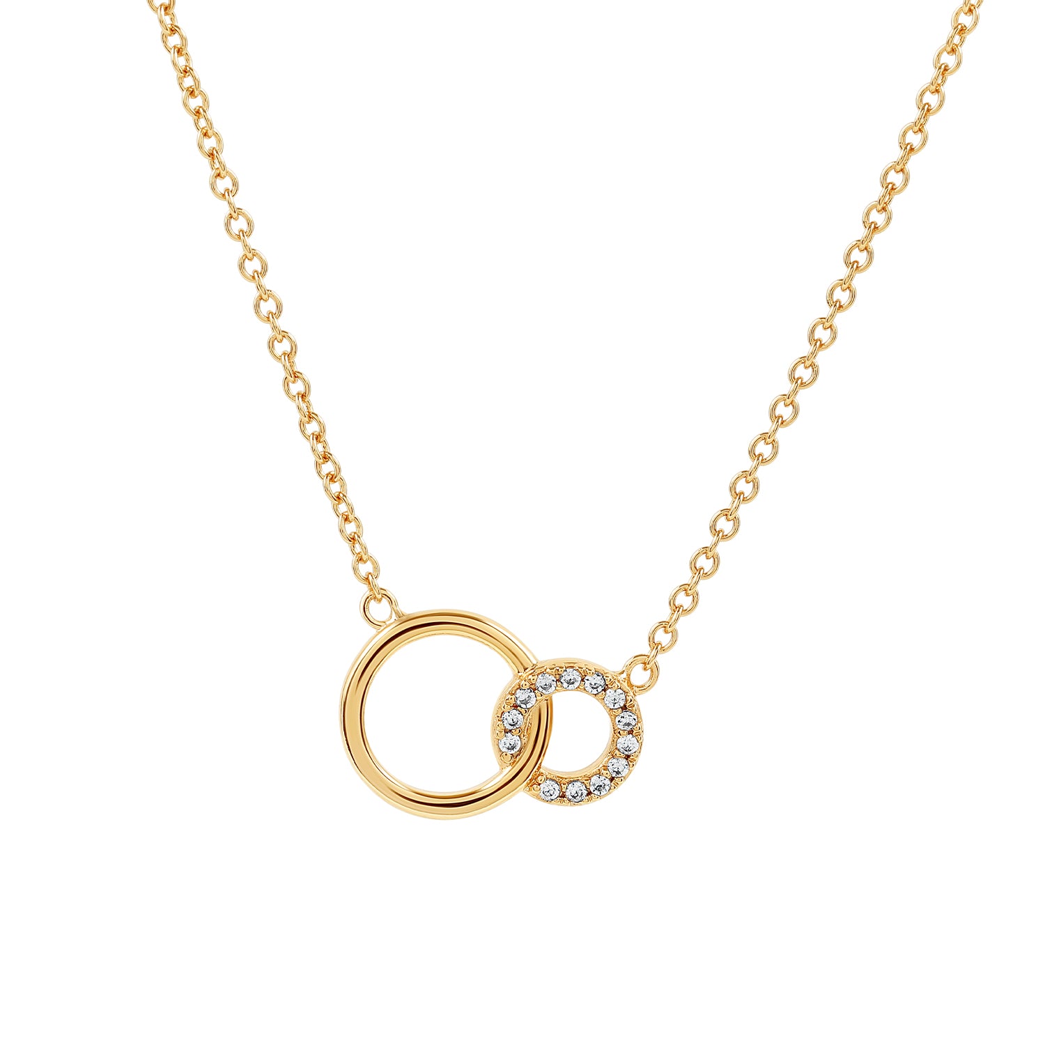 Elegant and minimalist gold pendant necklace set with cubic zirconia stones.