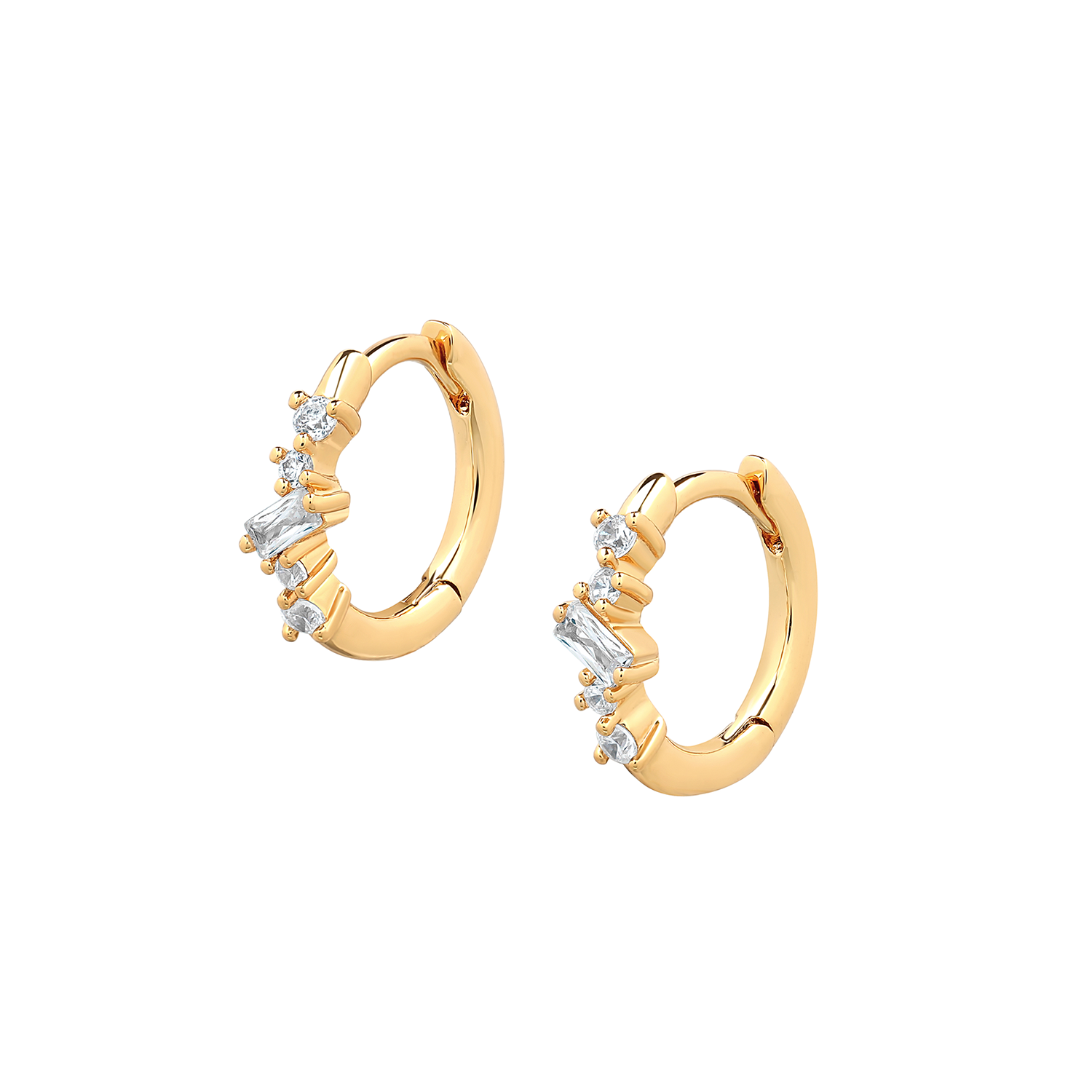 Elegant and statement earrings. Gold huggies set with cubic zirconia stones.
