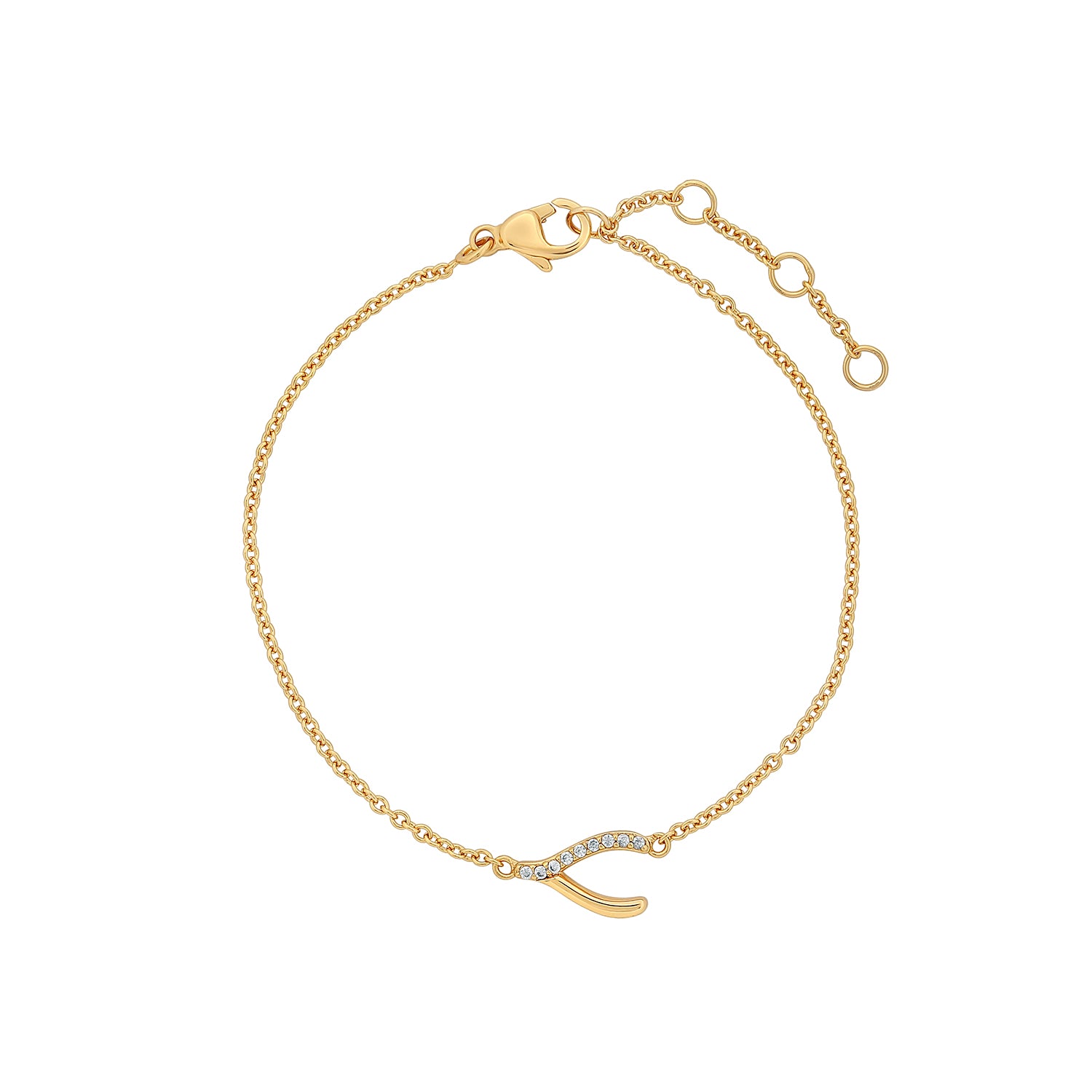 Elegant and minimalist gold wishbone pendant bracelet set with cubic zirconia stones.