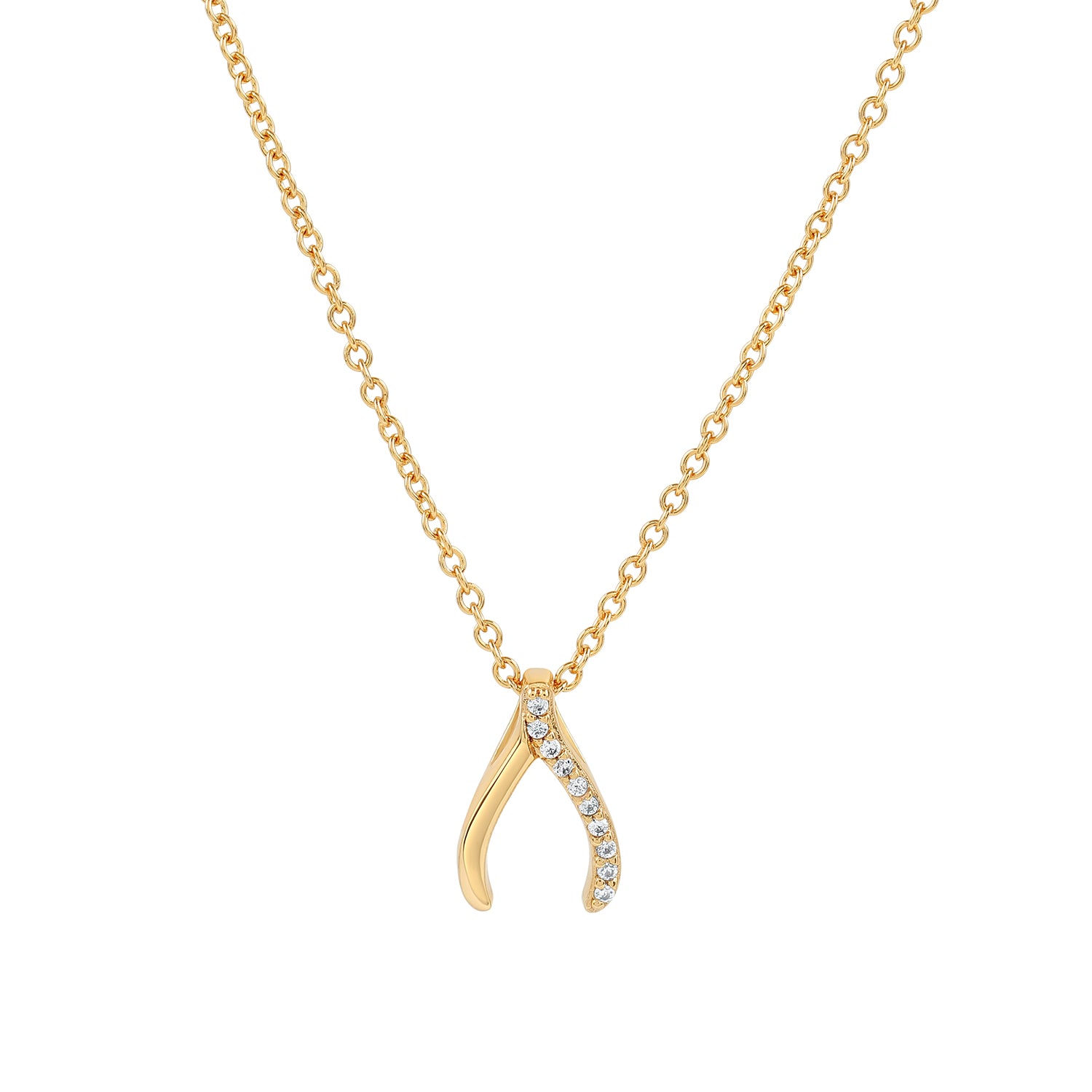 Elegant and minimalist gold wishbone pendant necklace set with cubic zirconia stones.