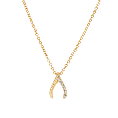 Elegant and minimalist gold wishbone pendant necklace set with cubic zirconia stones.