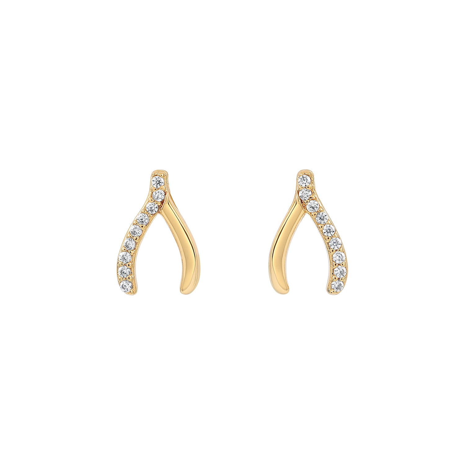 Elegant and statement earrings. Gold wishbone studs set with cubic zirconia stones.