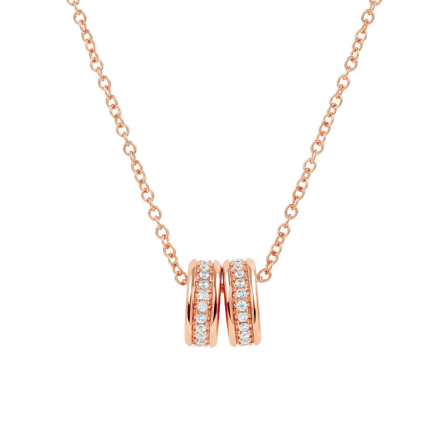 Elegant and minimalist rose gold pendant necklace set with cubic zirconia stones.