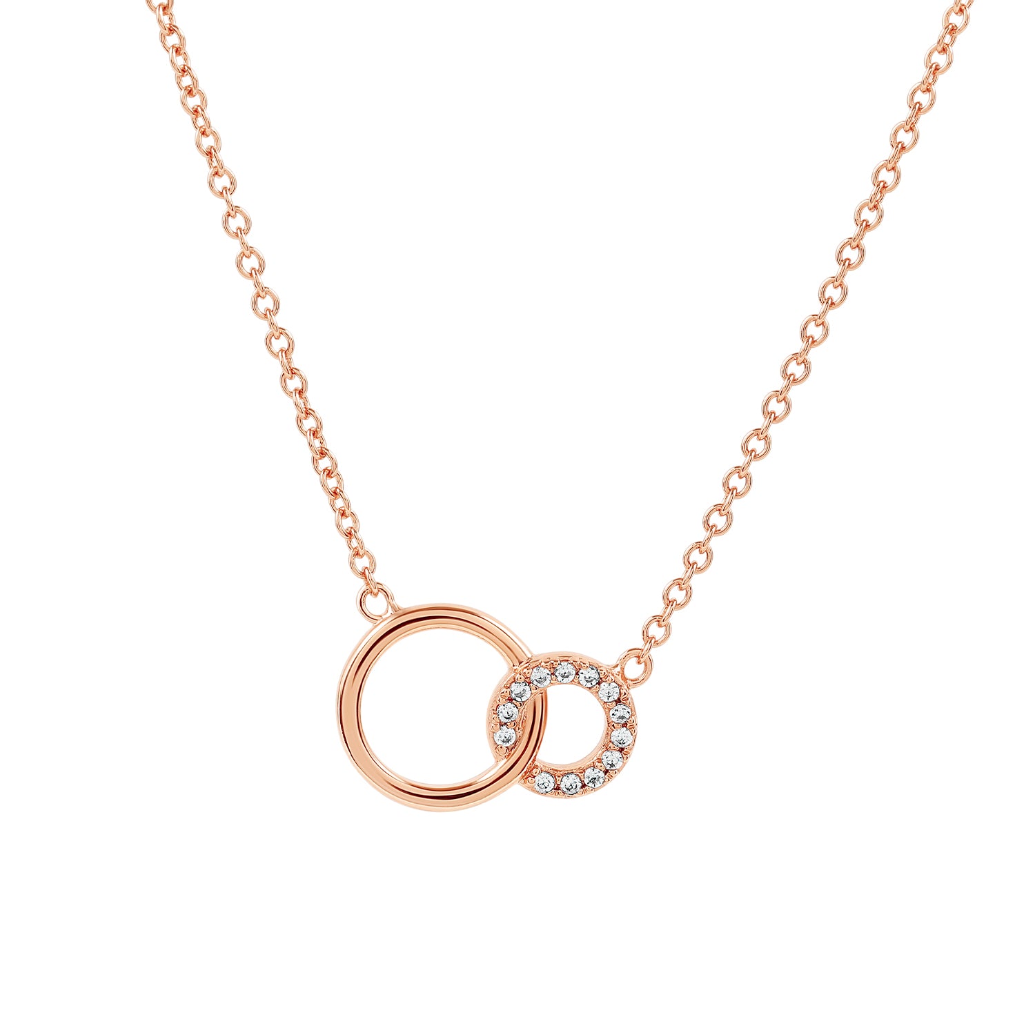 Elegant and minimalist rose gold pendant necklace set with cubic zirconia stones.