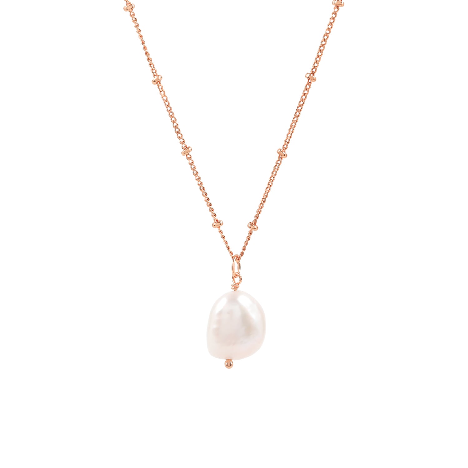 Elegant and minimalist rose gold necklace with a pearl pendant.