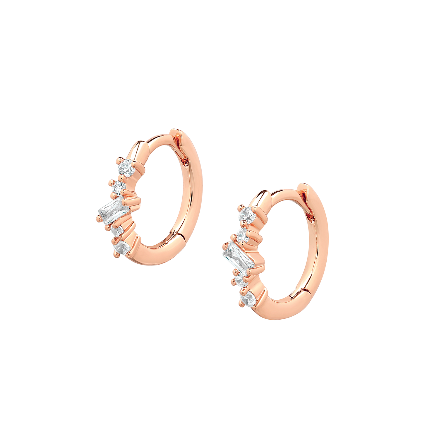 Elegant and statement earrings. Rose gold huggies set with cubic zirconia stones.