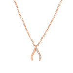 Elegant and minimalist rose gold wishbone pendant necklace set with cubic zirconia stones.