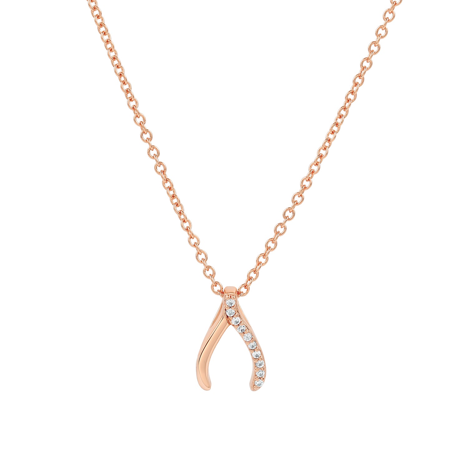 Elegant and minimalist rose gold wishbone pendant necklace set with cubic zirconia stones.