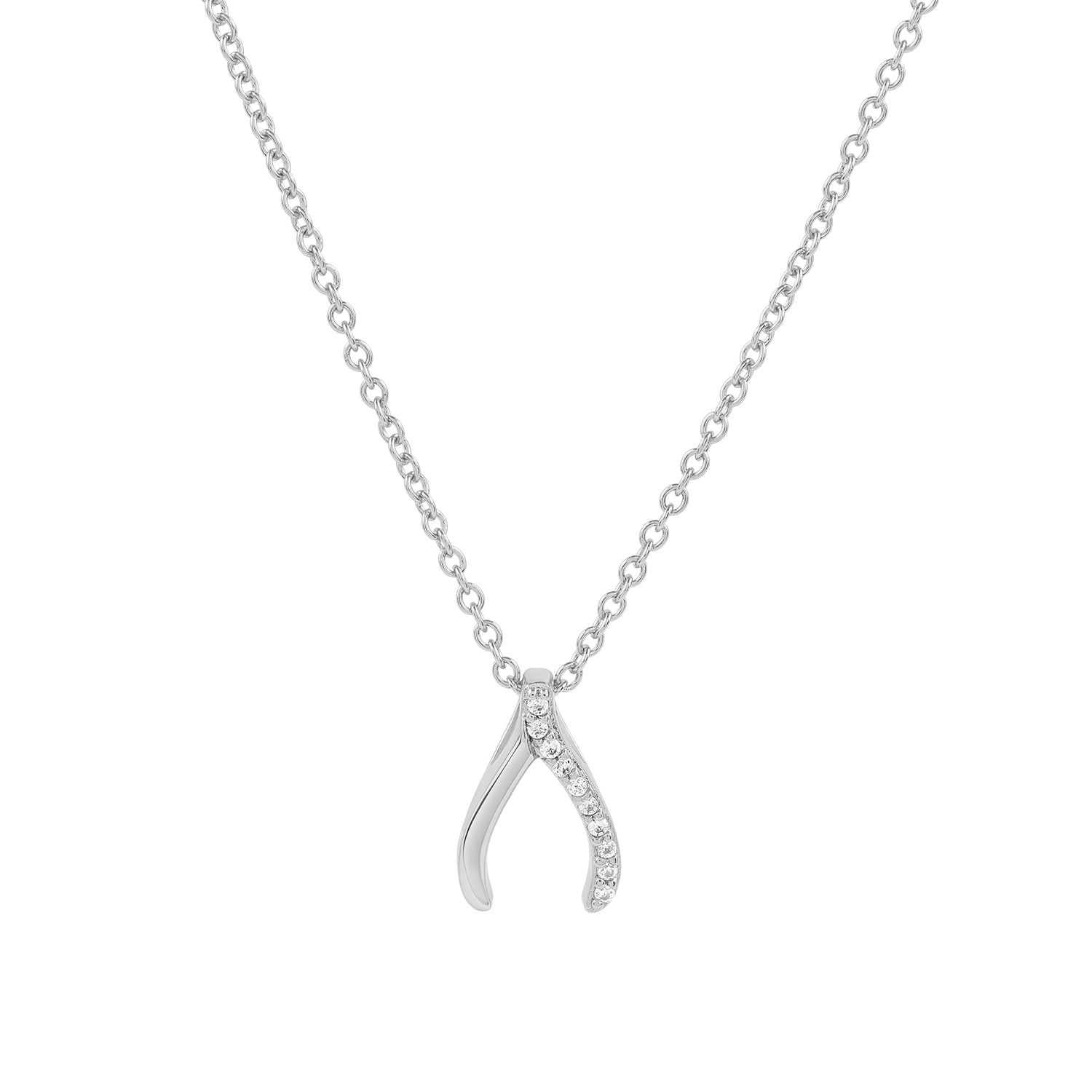 Elegant and minimalist 925 silver wishbone pendant necklace set with cubic zirconia stones.