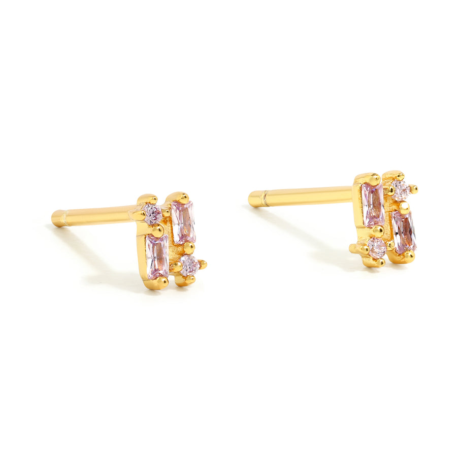 Elegant and minimalist earrings. Gold studs set with amethyst stones.