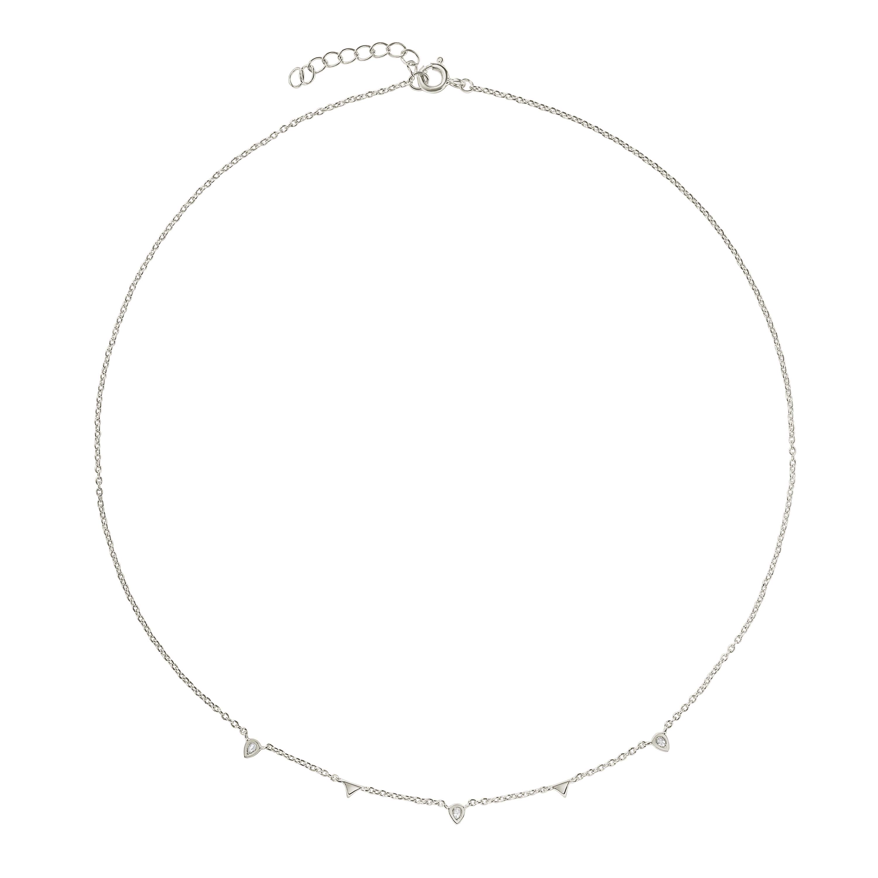 Elegant and minimalist 925 silver necklace set with raindrop cubic zirconia stones and dainty petite triangles.
