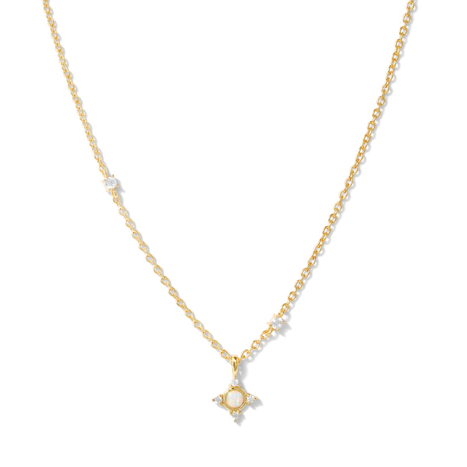 Elegant and minimalist necklace. Gold pendant necklace set with opals and cubic zirconia stones.