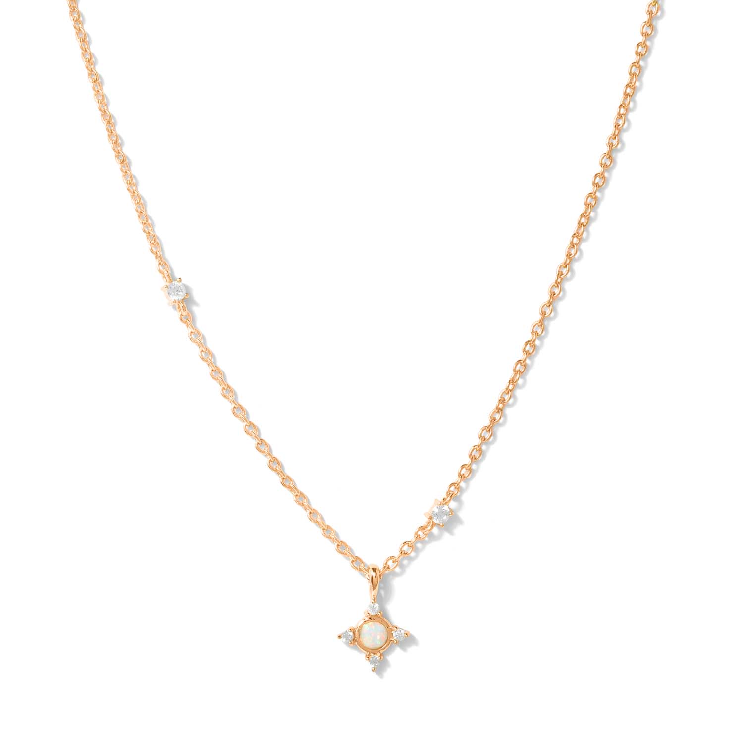 Elegant and minimalist necklace. Rose gold pendant necklace set with opals and cubic zirconia stones.