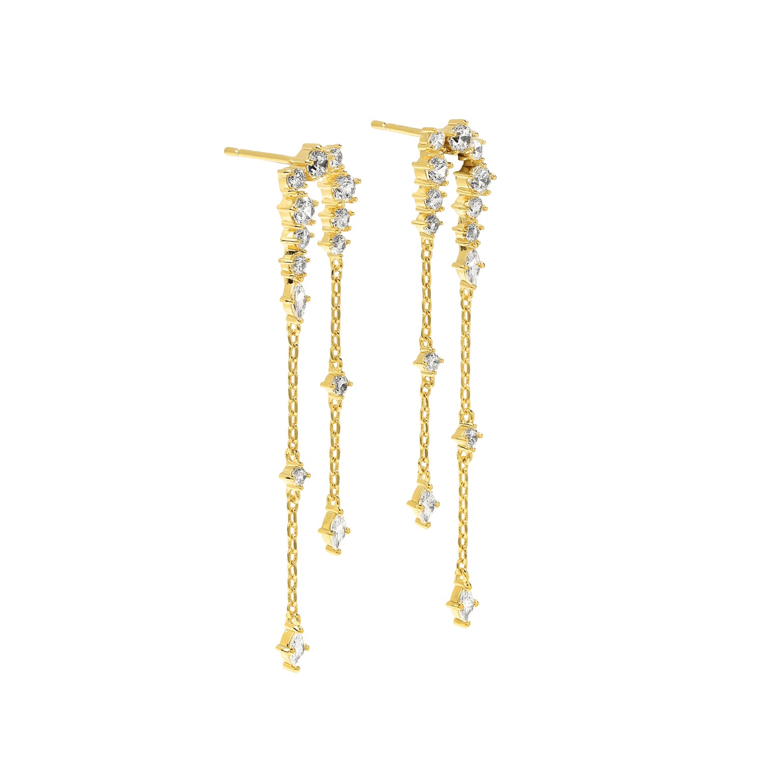 Elegant and statement earrings. Gold drop earrings set with cubic zirconia stones.
