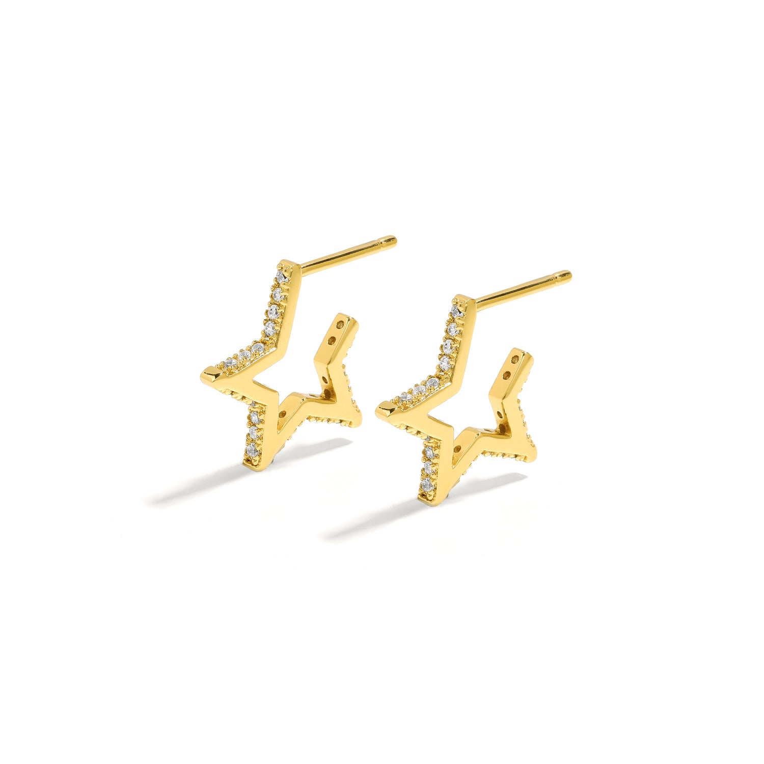 Elegant and statement studs. Gold hoop earrings set with cubic zirconia stones.