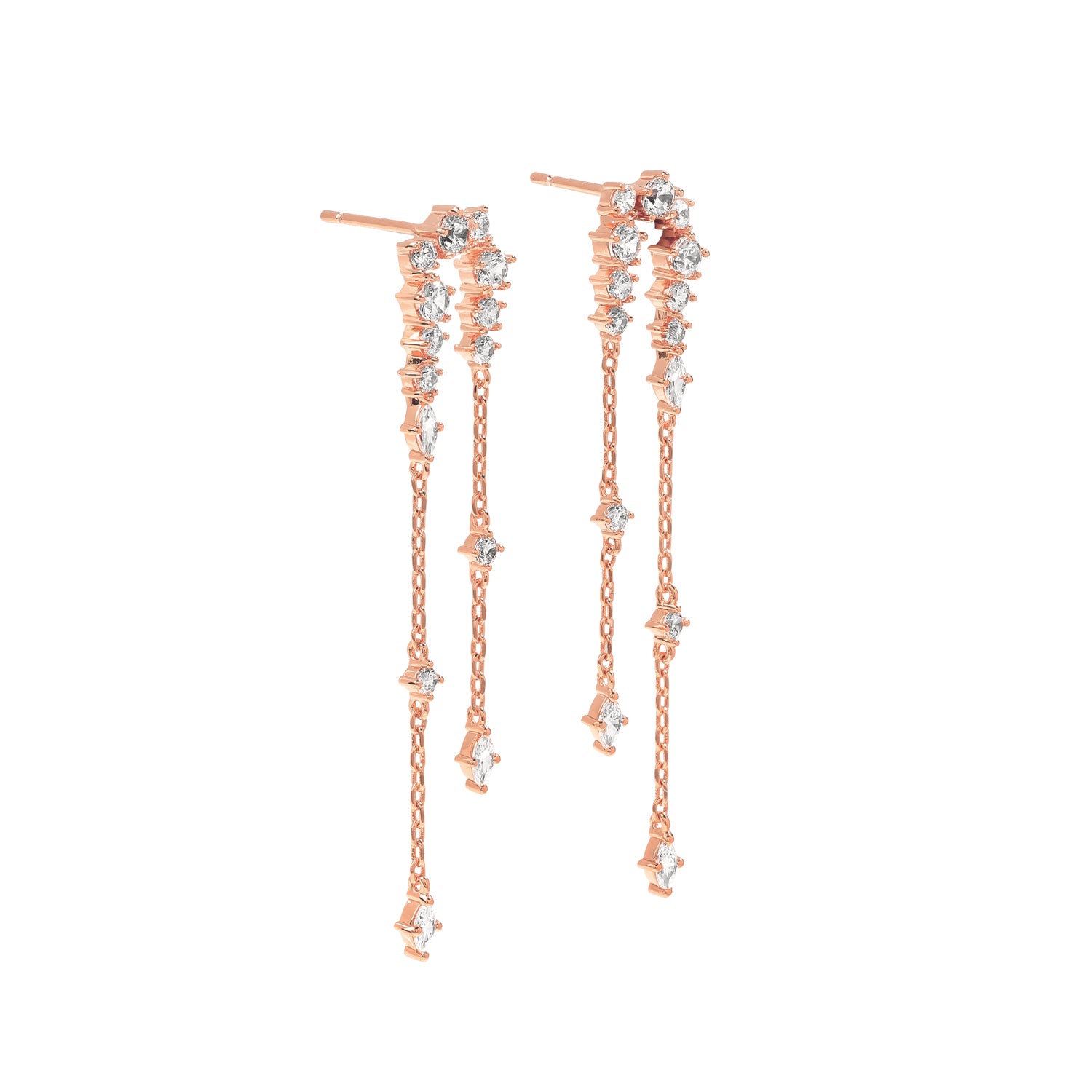 Elegant and statement earrings. Rose gold drop earrings set with cubic zirconia stones.