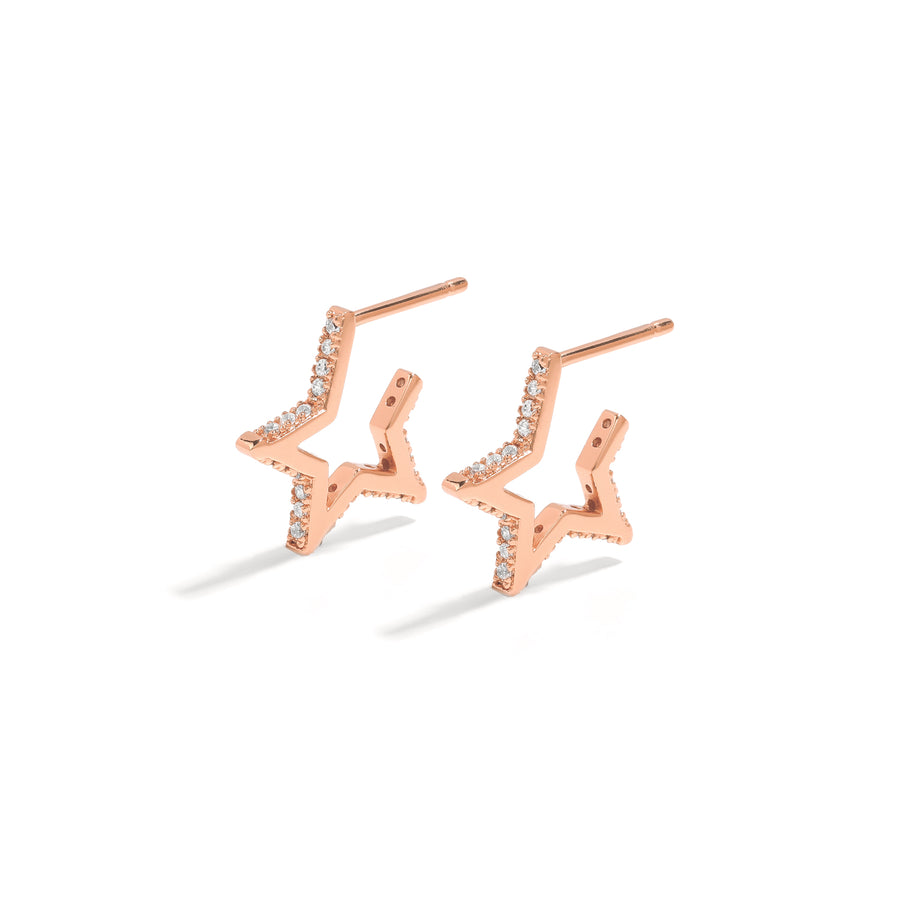 Elegant and statement studs. Rose gold hoop earrings set with cubic zirconia stones.