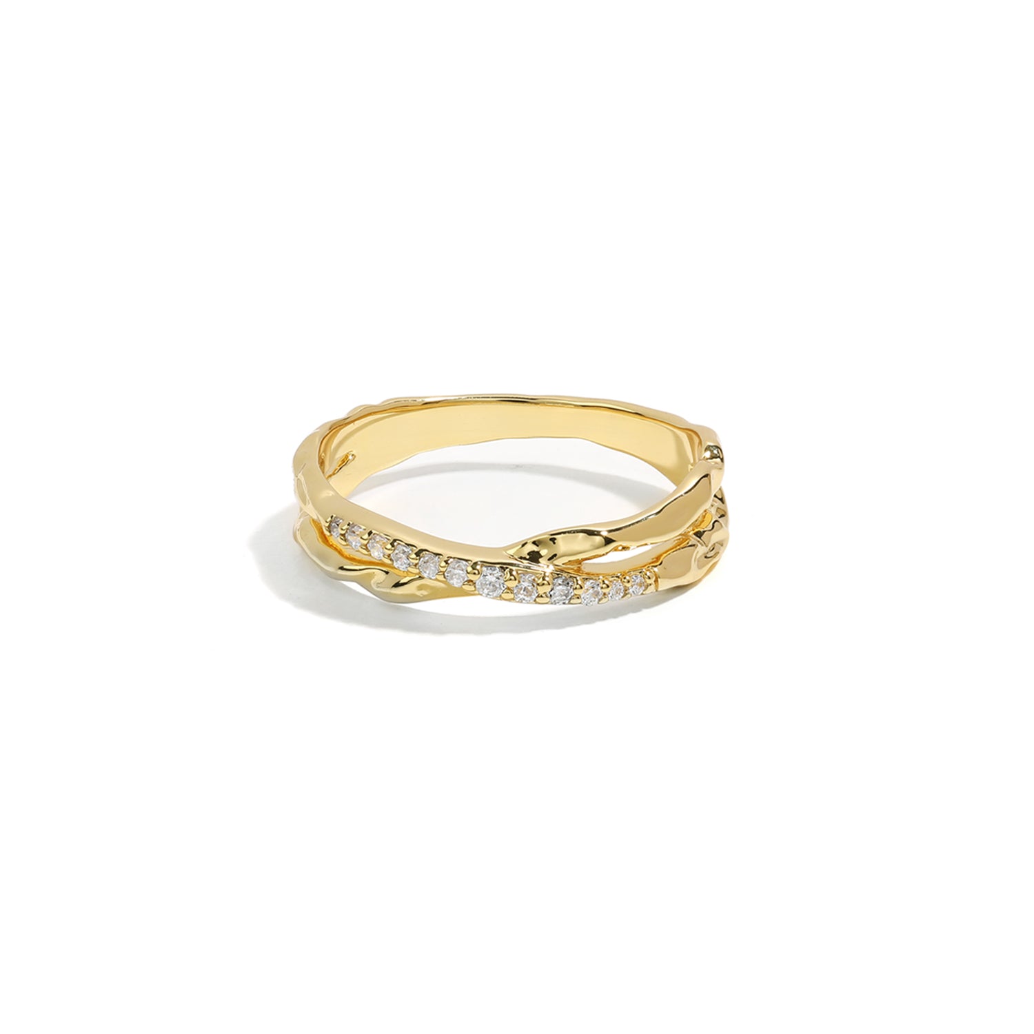 Elegant and minimalist ring. Gold double ring set with cubic zircona stones