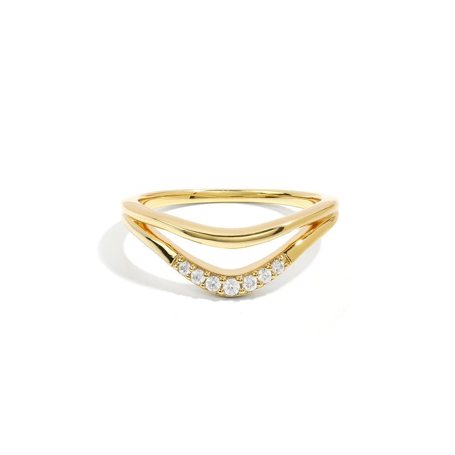 Elegant and minimalist ring. Gold double ring set with cubic zircona stones