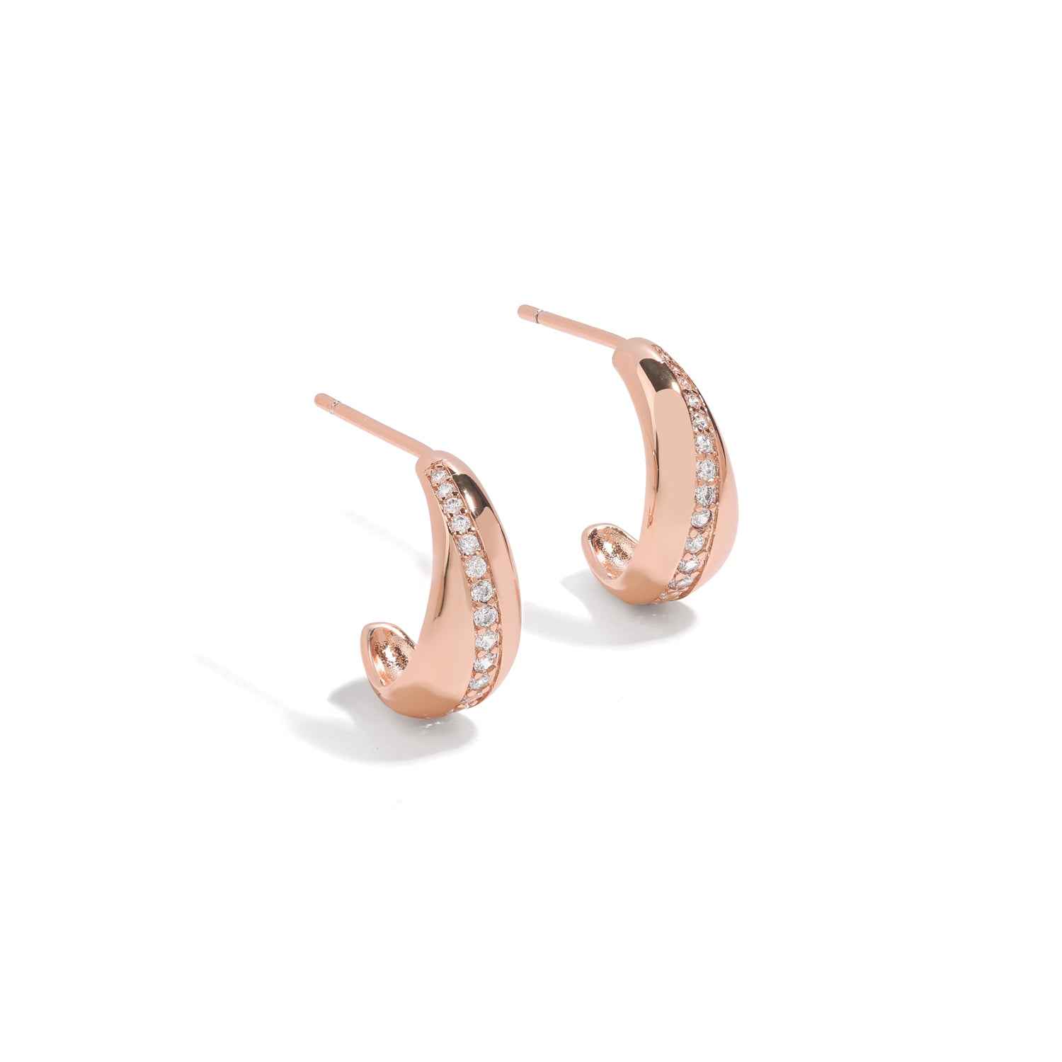 Bold and dazzling earrings. Rose gold stud hoops with cubic zircona stones