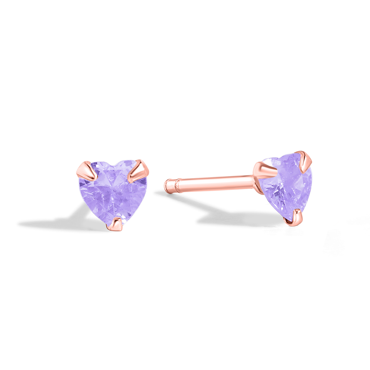 Delicate and dainty studs in rose gold with purple cubic zirconia.
