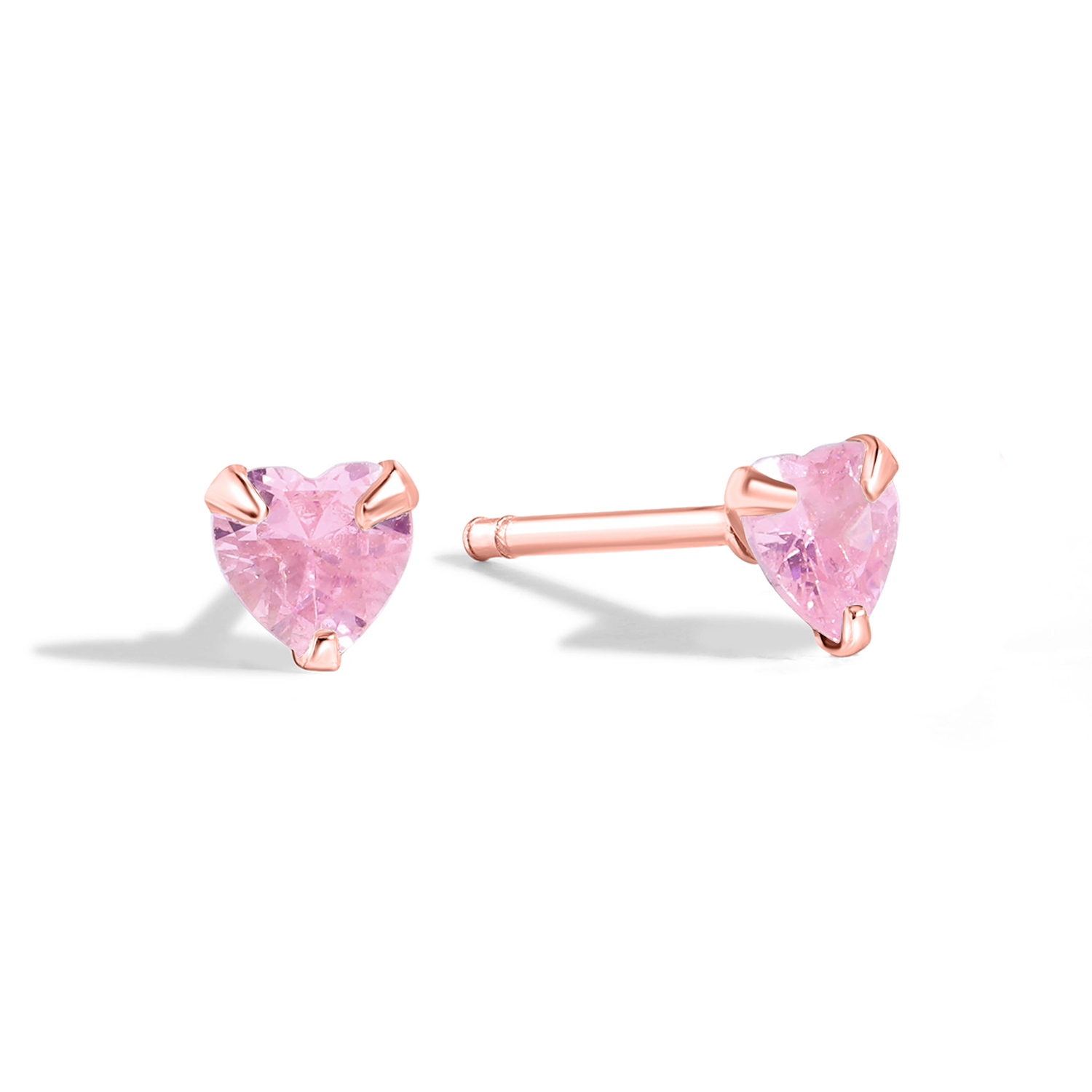 Delicate and dainty studs in rose gold with pink cubic zirconia.