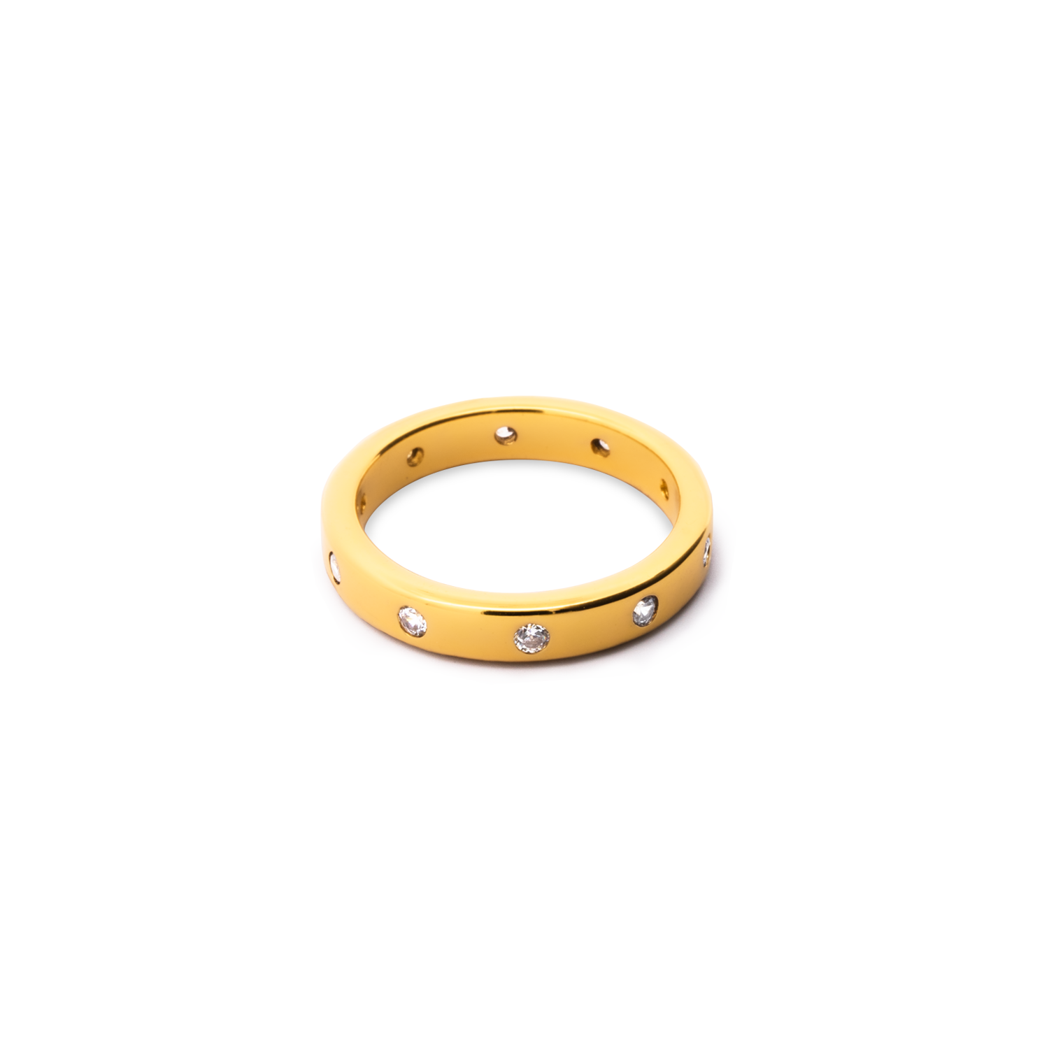 Elegant and minimalist ring in gold, set with cubic zirconia stones.