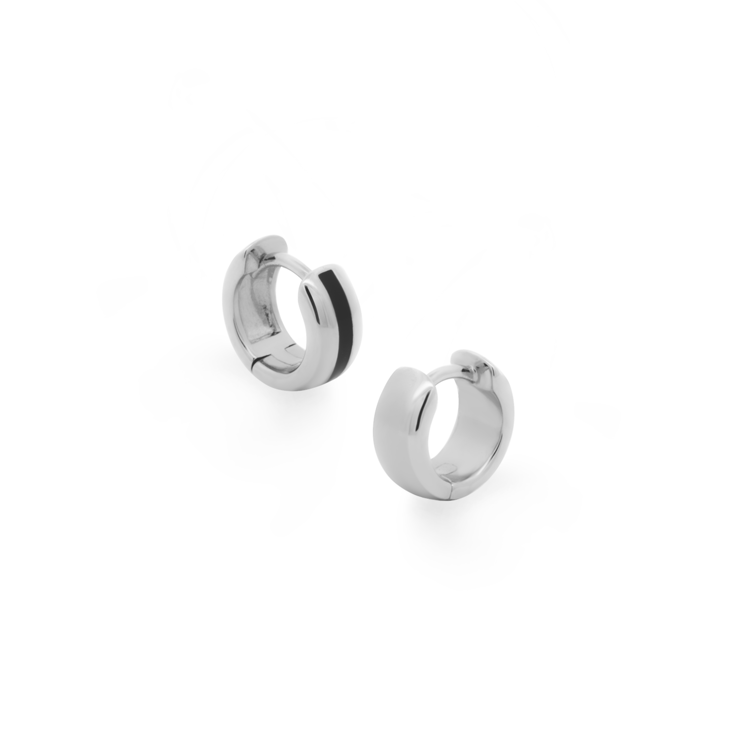 Edgy and bold earrings. Silver huggies with black enamel.